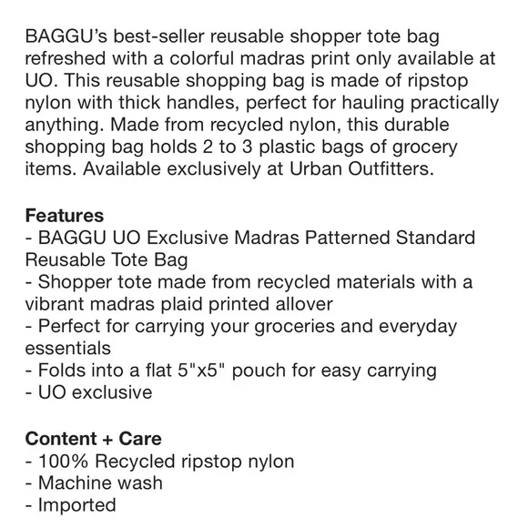 NWT BAGGU Madras standard reusable tote bag - Picture 4 of 6